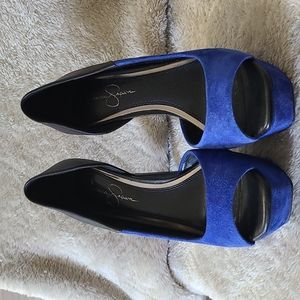 Jessica Simpson Royal Blue Velvet & Black Leather Peep Toe Heels